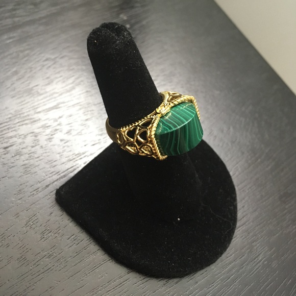 African Malachite & Natural White Zircon Ring in ION Plated 18K Yellow Gold Sz 7 - Picture 4 of 16